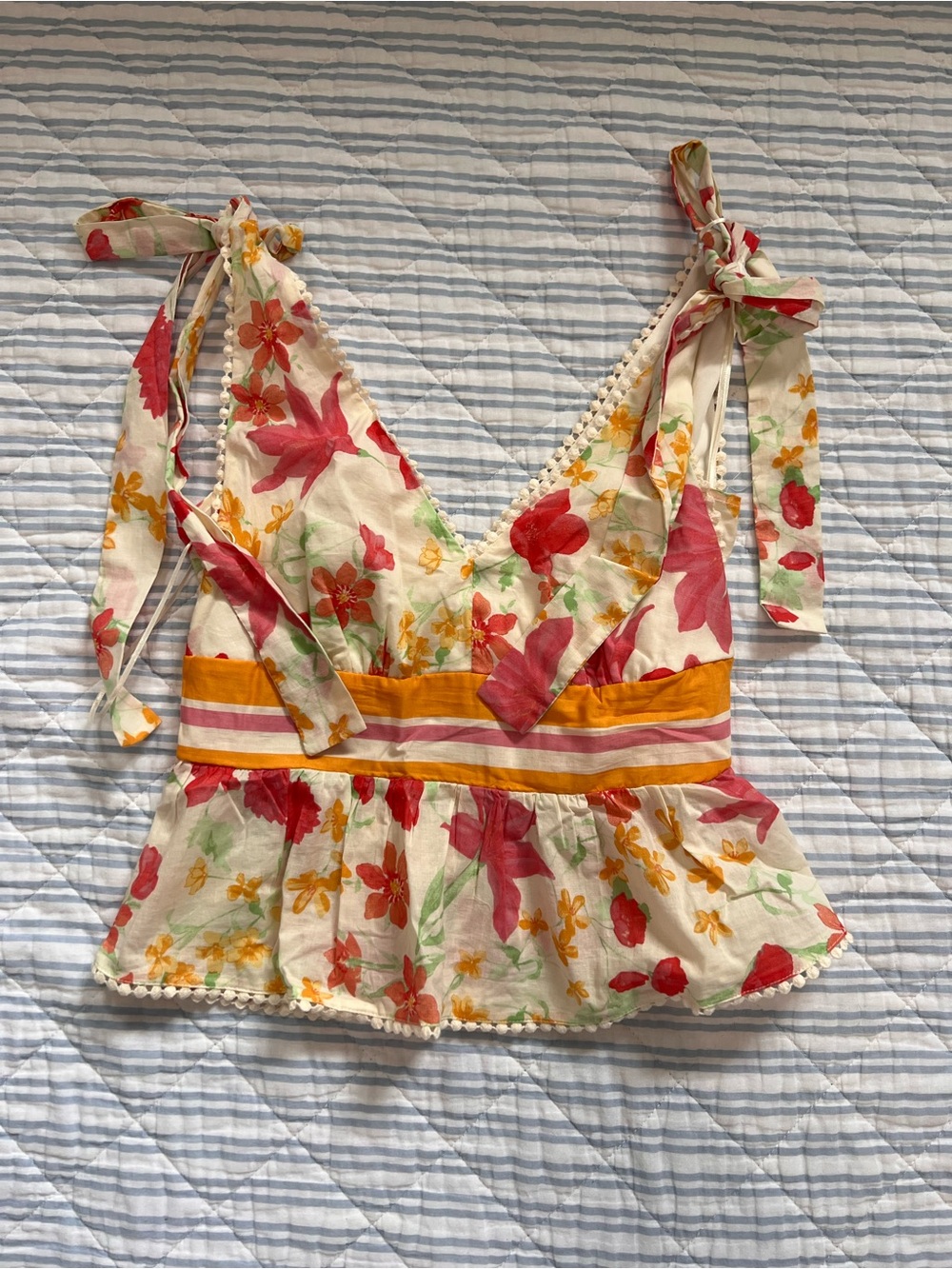 Floral Tie-Shoulder Peplum Tank Top in Cream and Coral
